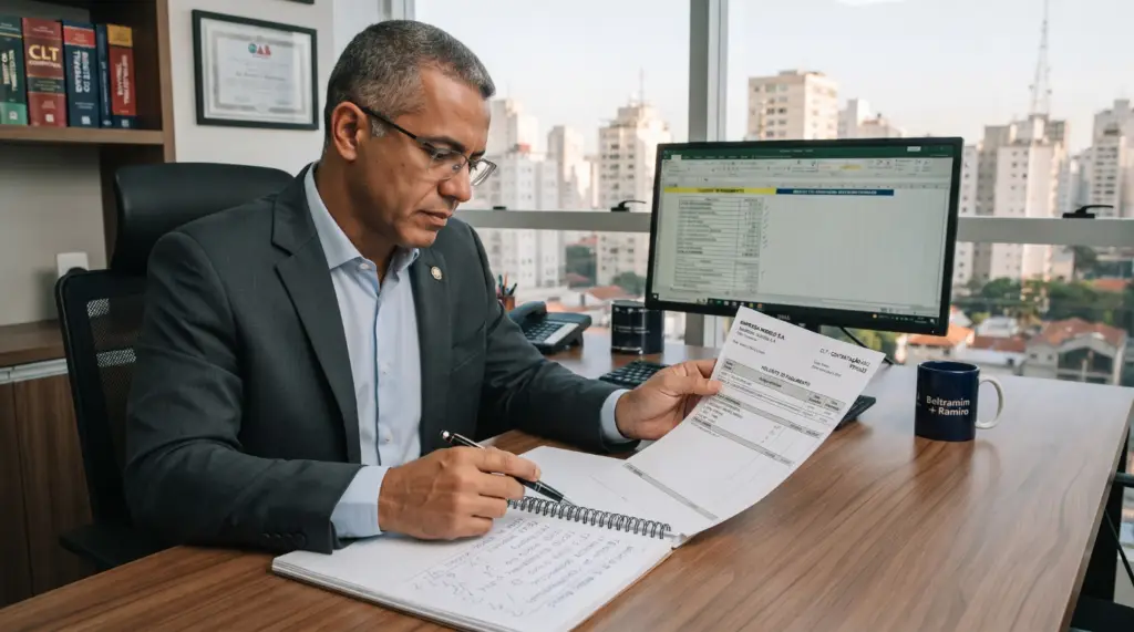 Advogado do escritório Beltramim+Ramiro em São Paulo analisando um holerite e conferindo o cálculo exato das verbas rescisórias de um cliente.