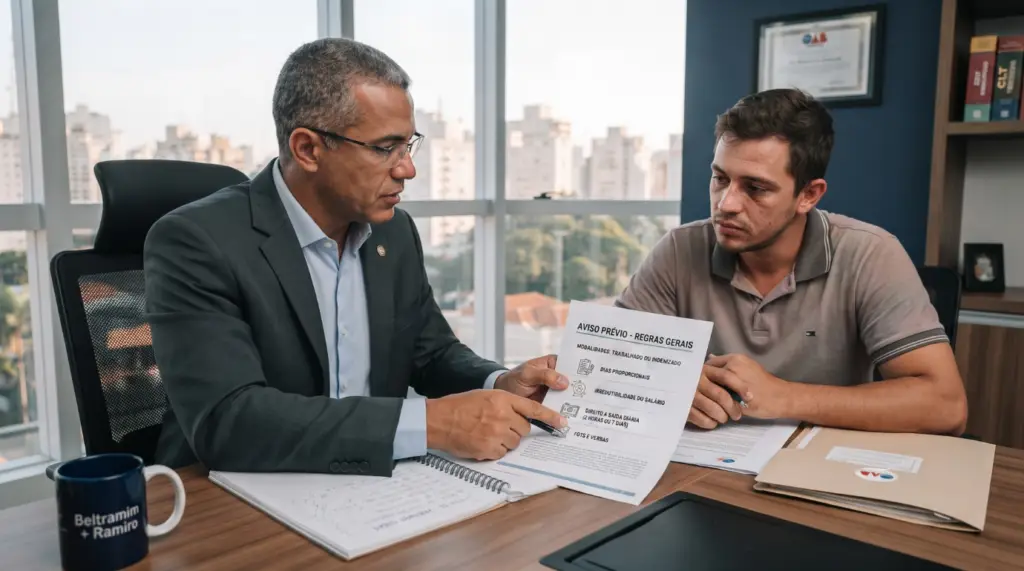 Advogado do escritório Beltramim+Ramiro em São Paulo explicando as regras do aviso prévio para um trabalhador recém-demitido.